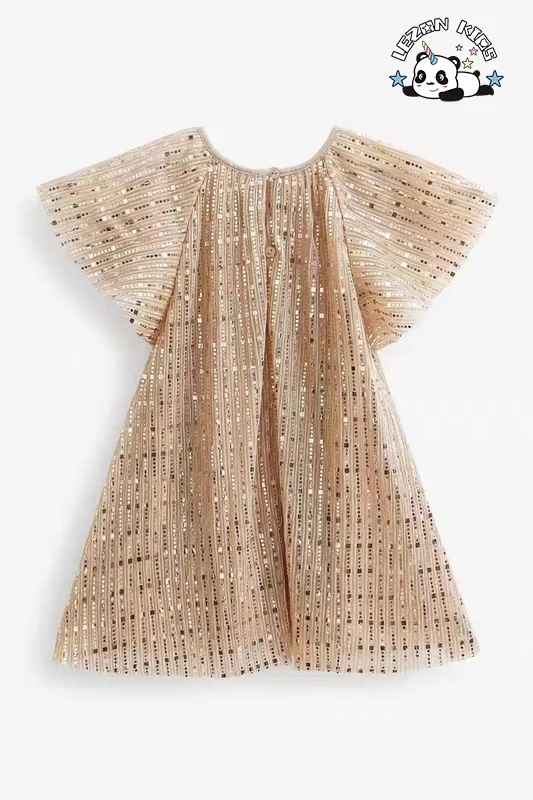 LEZONKIDS - Customizable High Quality Pretty Glitter Kids Dress Princess Dress Short Sleeves Angel Sequin Girls Dress